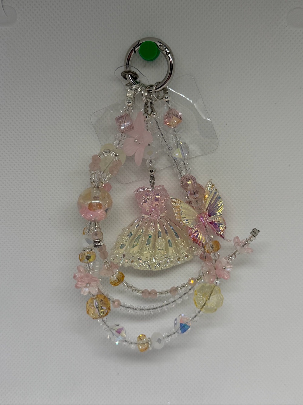 Pink Iridescent Butterfly & Dress Beaded Keychain Charm
